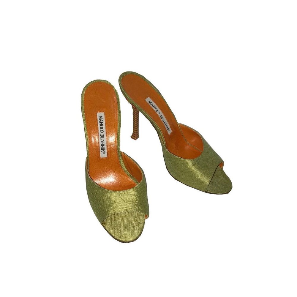 Manolo Blahnik Green/Orange Satin Open Toe High Hees Mules Size 6